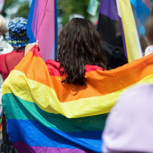 Pride parade in center of the city Chisinau, Moldova. People with queer flags